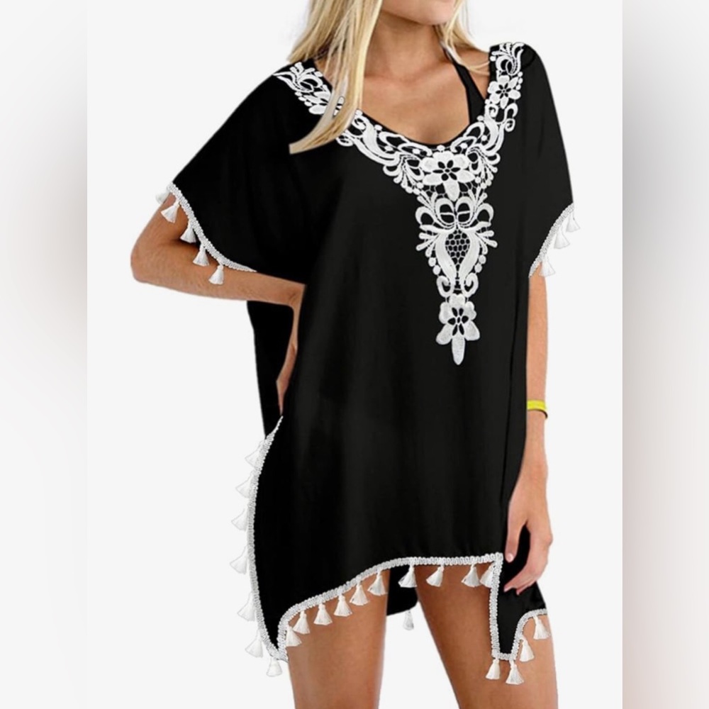 Yincro Embroidered Lace Trim Semi Sheer Fringed Tunic Swim Coverup Women Size OS